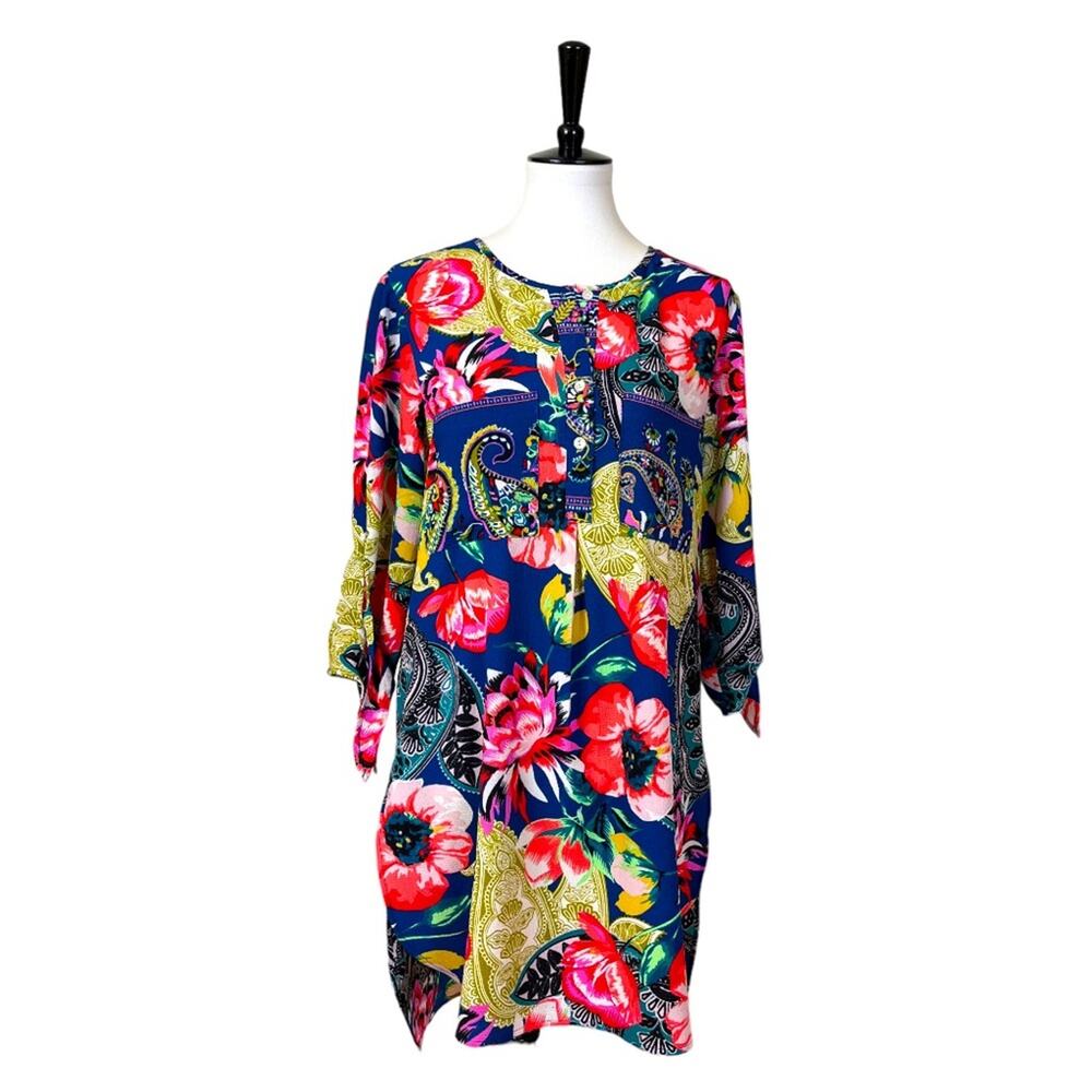 Anthropologie Fig & Flower Women’s Shift Tunic Dress Mini Tie Sleeves Floral L